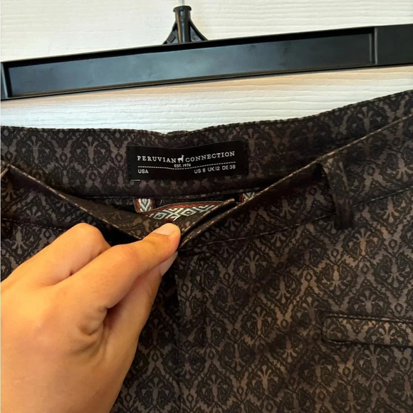 Peruvian Connection Ryder Pants Womens Size 8 Brown Black Skinny Leg Button Hem - Picture 5 of 6